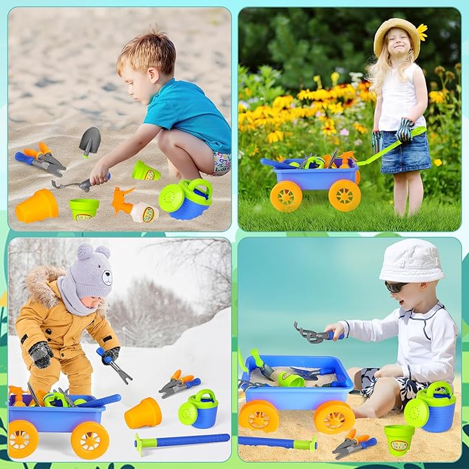 deAO Kids Garden Wagon Wheelbarrow and Gardening Tools Play Set Includes 10 Accessories and 4 Plant Pots,Great Outdoor Toddler Toys Kids Gardening Set