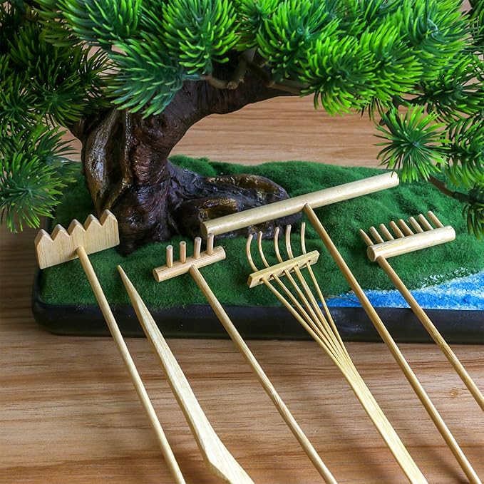 Mini Zen Garden Rake Set 6PCS - Premium Natural Bamboo Sand Rakes with Gift Box - Zen Garden Tools Kit Accessories Japan Zen Gift Stylus for Meditation & Sand Art