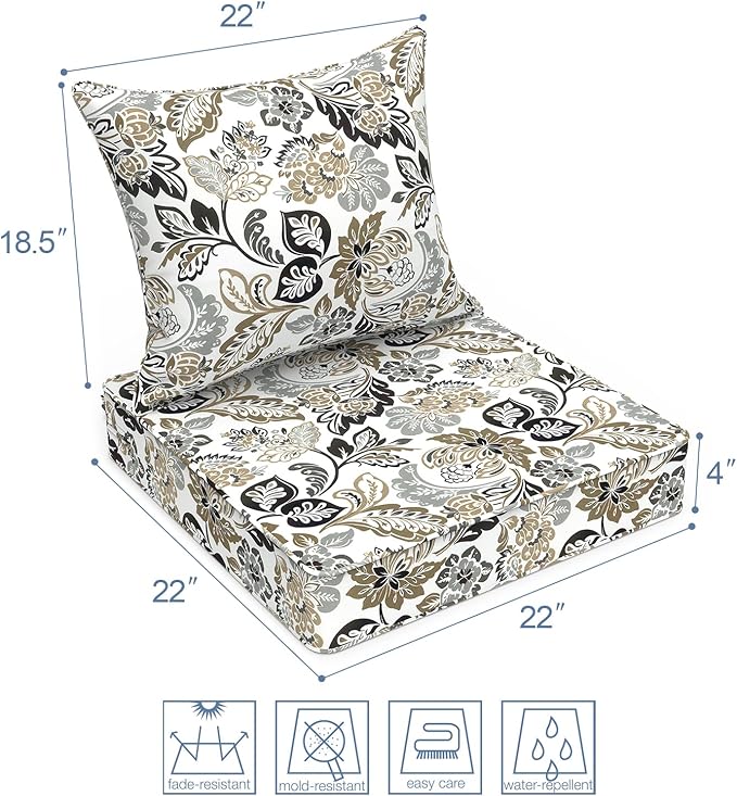 LVTXIII Outdoor Seat and Back Cushion Patio Deep Seat Cushion Set Seasonal Chair Cushion for Wicker Chairs and Garden Furniture Decoration, 22"x22"x4", Dailey Tan