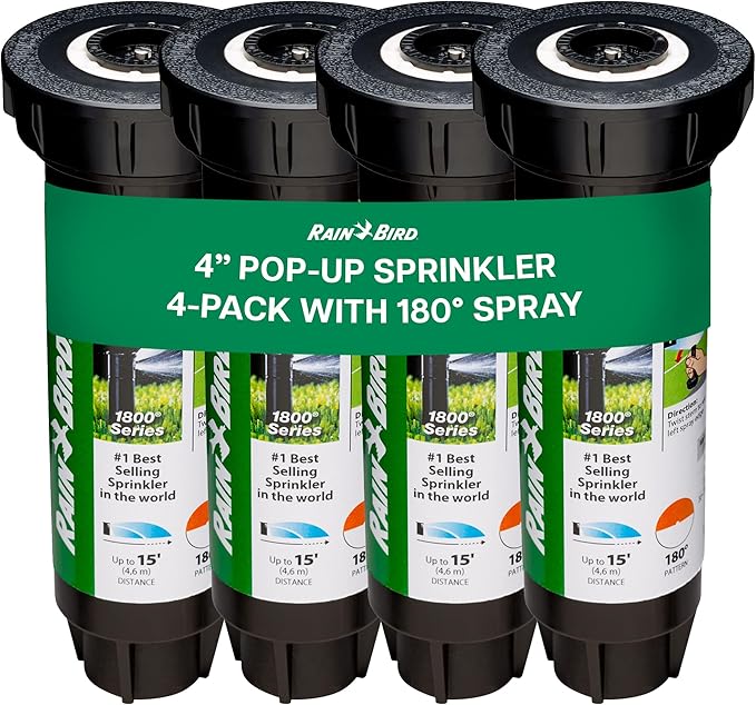 Rain Bird 1804HDPRS Pressure Regulated 1800 Series Dual Spray 4 Inch Pop Up Sprinkler Head, 4 Pack -Water Efficient Lawn Sprinkler with 180 Degree Half Pattern, 1/2 Inch NPT Up to 15 Ft Spray Distance