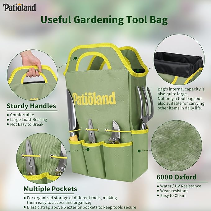 10-Piece Garden Tool Set, Green Gardening Hand Tools Kit with Ergonomic Non-Slip Handles, Heavy Duty Rust-Proof Aluminum Tools, Organizer Tote Bag & Gloves, Ideal Garden Gifts for Women and Men