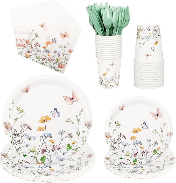 175 Pcs Wildflower Paper Plates and Napkins 25 Guests Spring Summer Floral Arrangements Tableware Party Supplies Set for Mothers Day Baby Shower Wedding Birthday Garden Tea Party