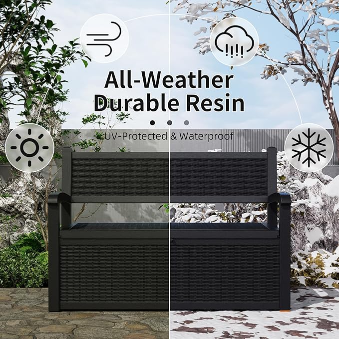 PatioZen 80 Gallon Outdoor Storage Bench Deck Box Waterproof Lockable,Outdoor Storage Furniture for Patio,Garden and Porch,Tools and Cushions（ Black）