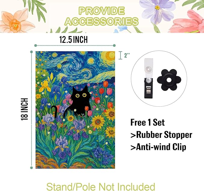 Baccessor Spring Summer Black Cat Garden Flag Double Sided 12.5 x 18 Inch Burlap with Clip and Stopper,Starry Night Flowers Flag Yard Lawn Seasonal Farmhouse Outside Outdoor Decoration