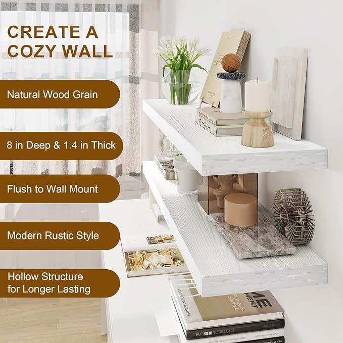 30 Inch Floating Shelves, Rustic Floating Wall Shelves 8 Inch Deep, 30 x 8 Floating Shelves for Home Decor, Deep Display & Storage Shelves for Kitchen, Bathroom, Living Room, White Color, Set of 2