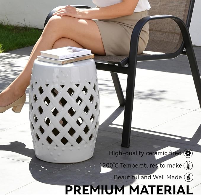 Outsunny 13" x 18" Ceramic Garden Stool with Woven Lattice Design & Glazed Strong Materials Decorative Outdoor Stool, White