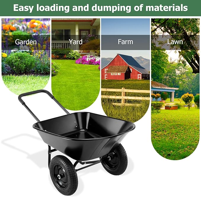 ERGOMASTER Dual-Wheel Wheelbarrow, Home Utility Garden Cart, 330 LBS Capacity, Large Heavy Duty Yard Cart for Gardening & Planting, Lawn, Farm, Construction Site, Black
