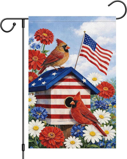 Heyfibro 4th of July Cardinals Patriotic Garden Flag 12x18 Double Sided Burlap, Birdhouse Red White & Blue Daisy Floral Yard Banner for Rustic Independence Day Outdoor Decor (ONLY FLAG)