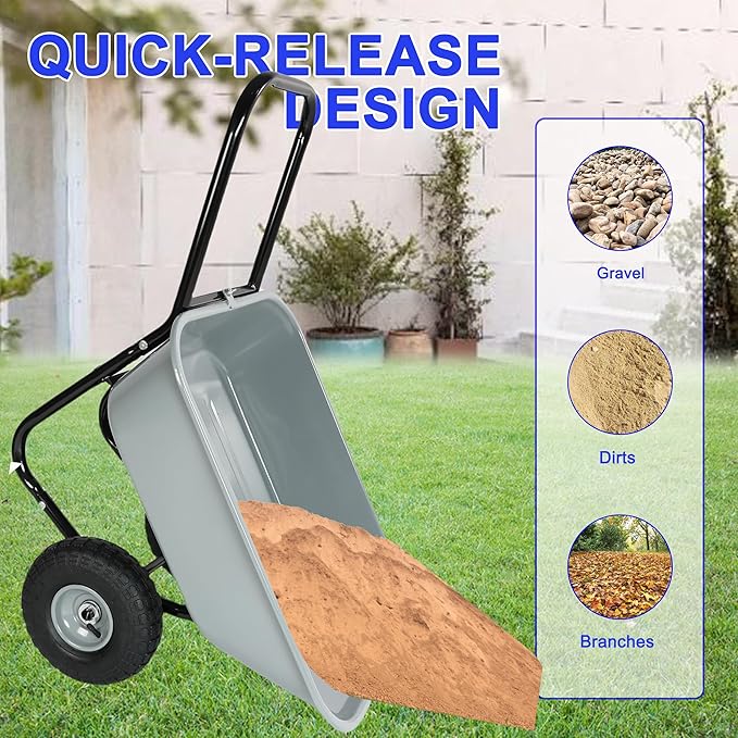 Dual Wheel Garden Wheelbarrow, 35L Heavy Duty Dual Wheel Yard Cart with 10" Pneumatic Tires, Leak-Proof No-Hole Design, Grey ABS+Steel Frame for Garden, Yard & Construction (Grey)