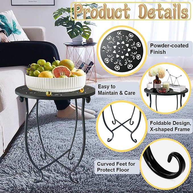 Outdoor Side Table, 14-inch Small Round Metal Patio Table with Flower Cut-Out Design, Modern Rust-Proof Portable End Table Patio Side Table for Outside Garden Balcony Yard & Indoor Use 1 Pack