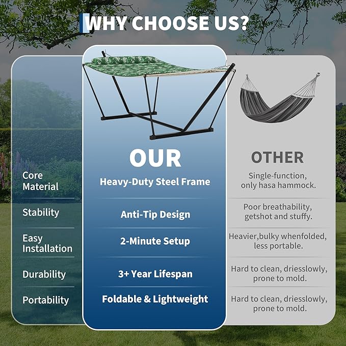 Garvee 2 Person Portable Double Hammock for Outdoor with Pillow, Heavy Duty Portable Hammock with Adjustable Steel Stand for Patio, Garden, Beach, Backyard