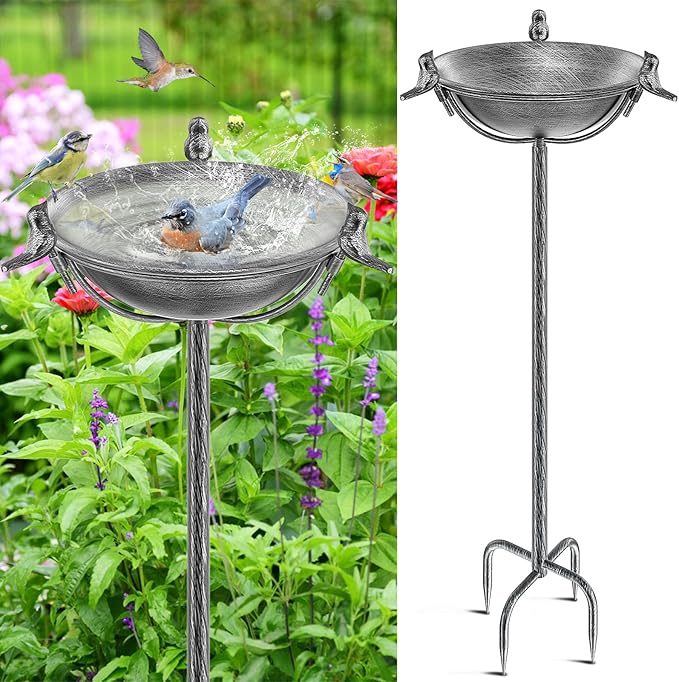 58In Freestanding Birdbaths Bowl Outdoor, Free Standing Garden Bird Bath Feeder Bowl with 3 Bird Statues, Birdbath & Birdfeeder with Metal Stake Garden Yard Lawn Decor (Retro Silver)