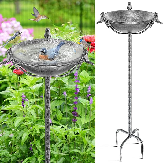 58In Freestanding Birdbaths Bowl Outdoor, Free Standing Garden Bird Bath Feeder Bowl with 3 Bird Statues, Birdbath & Birdfeeder with Metal Stake Garden Yard Lawn Decor (Retro Silver)