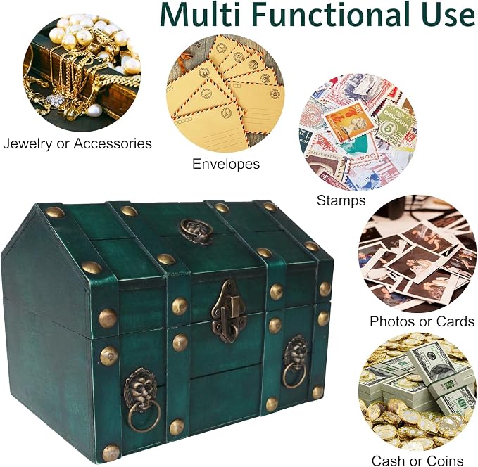 Decorative Wood Treasure Chest Box with Small Metal Lock