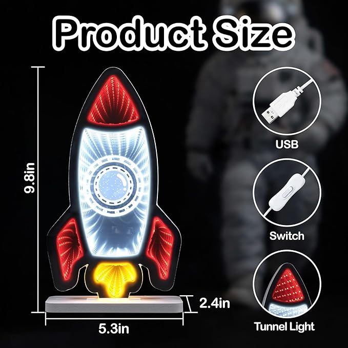 3D Rocket Infinity Mirror Light, LED Infinity Mirror Night Light with Galaxy Space Tunnel Effect, USB Powered 3D LED Lights for Kids Bedroom & Gaming Setup,Gift for Boys Girls, 5.9"×10.9"