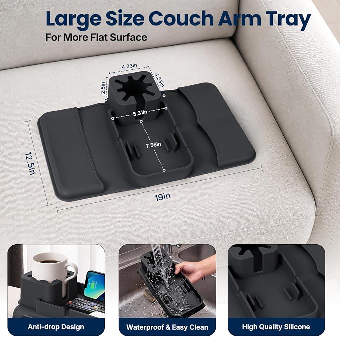 Silicone Couch Cup Holder Tray – Anti-Spill Non-Slip Sofa Armrest Organizer with Tablet & Phone Stand, Side Pockets, BPA-Free Dirt-Resistant Arm Tray for Drinks, Remotes, Snacks, Gifts (Black)