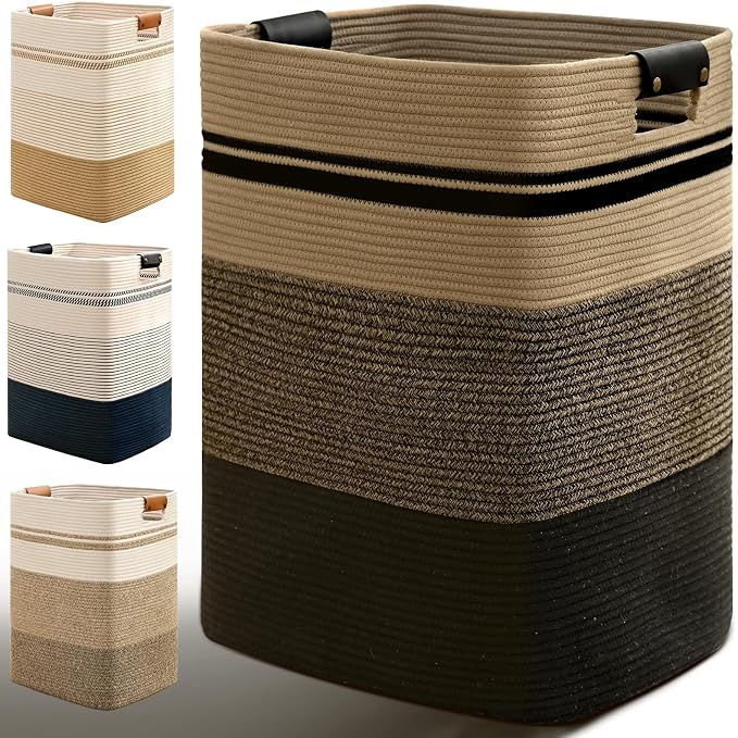 Laundry Hamper, 105L Tall Laundry Basket with Leather Handles, Rectangle Large Clothes Hamper for Organizing, Cotton Woven Laundry Baskets Storage Hampers for Bedroom, Nursery, Living Room