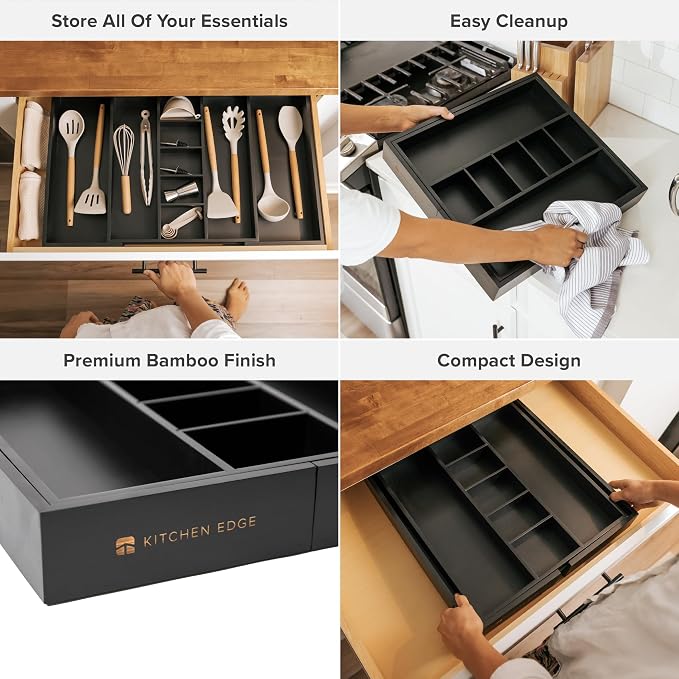 KitchenEdge Utensil & Junk Drawer Organizer, 16-28 in, Black Bamboo