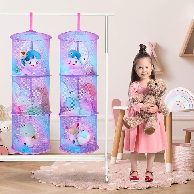Basumee Hanging Stuffed Animals Storage, 2 Pack Mesh Plush Storage, 3-Tier