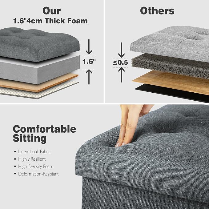 Storage Ottoman, Upgraded 17" High Folding Linen Foot Rest Dark Grey | Small Ottoman Bench with Thicker Foam Padded Seat. Foot Stools Ottoman for Dorm Bedroom with Side Pocket & Handles 17x13x13in