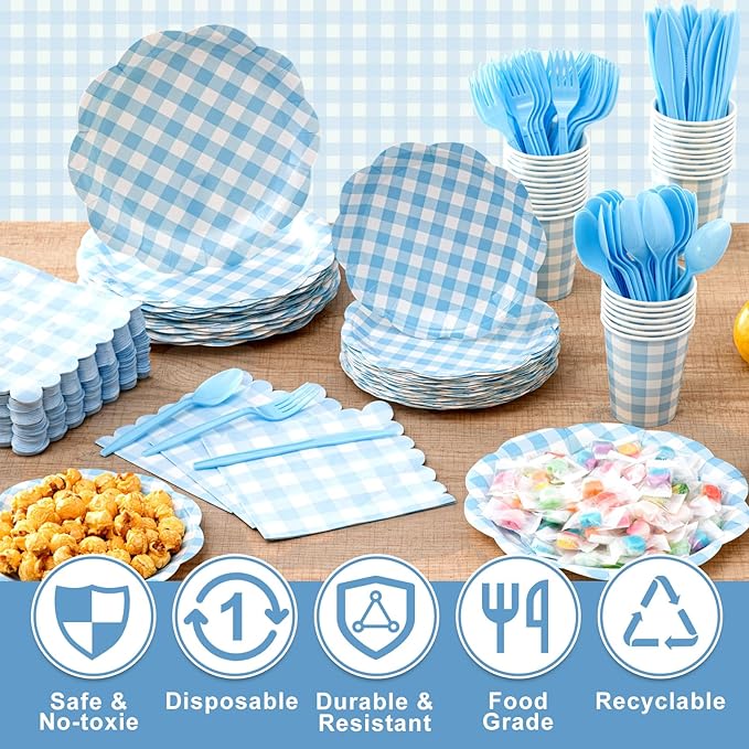 Funnymoom 400 Pcs Gingham Party Supplies for 50 Guests Light Blue and White Paper Plates and Napkins Knives Spoon Fork Cup Disposable Checkered Dinner Party Set Cutlery for Baby Shower Wedding Favor