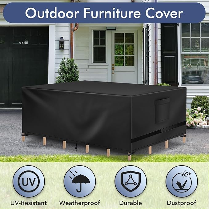 Richwon Patio Furniture Cover, Waterproof Rectangle Outdoor Table Cover, Heavy Duty Sectional Set Protection 108"L x 82"W x 28"H, Black