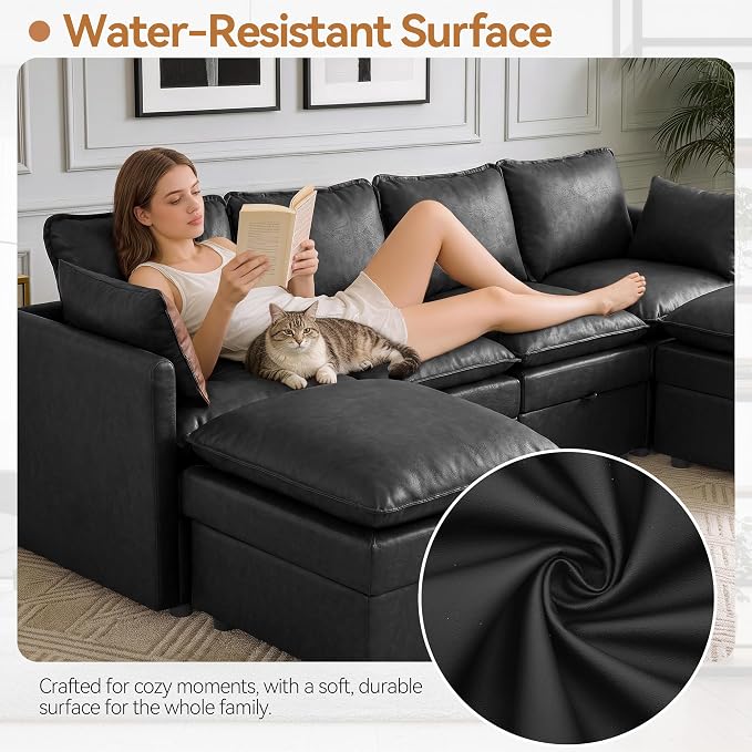80" Storage Modular U-Shape Sofa Faux Leather with 2 Ottomans,Black