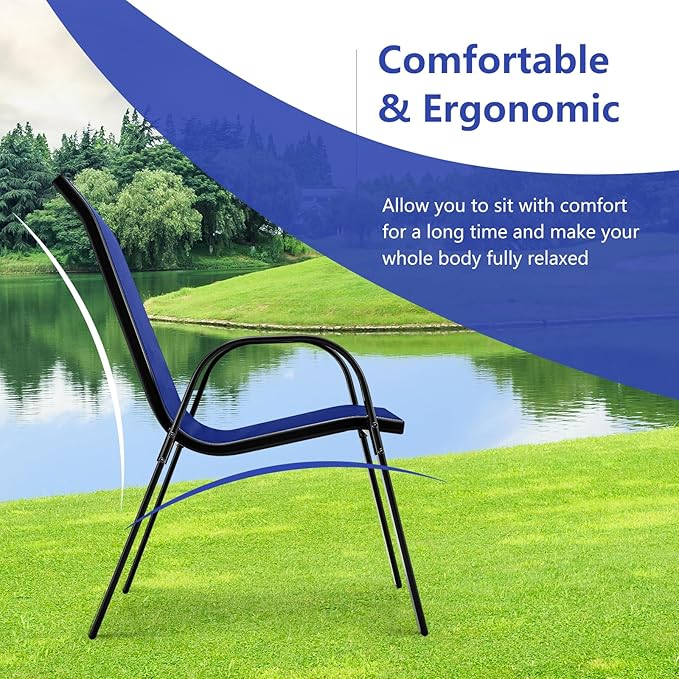 MEDIMALL Patio Chairs, Stackable Patio Chairs Set of 4, Blue Lawn Chairs with Armrest & Breathable Fabric for All Weather, Outdoor Dining Chairs for Yard, Poolside, Balcony, Garden