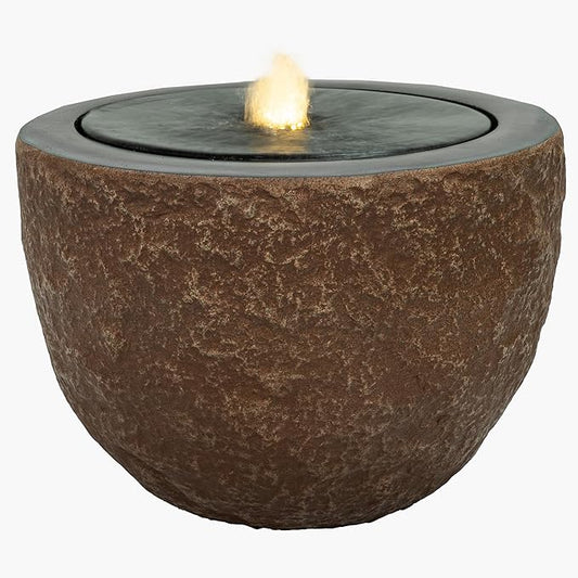 Sunnydaze Outdoor Water Fountain with LED Light - Polystone Oval Bowl Bubbler Water Feature with Pump - 13" H - for Patio, Garden, Deck, Relaxation and Stress Relief - Brown