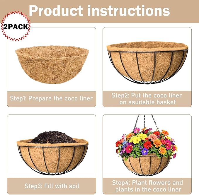 2 Pack 12 inch Hanging Baskets Planter for Plants Vegetables Flowers Outdoor Black Round Wire Plant Holder with Coco Fiber Liners Garden Balcony Patio Deck Porch Indoor Hanging Baskets