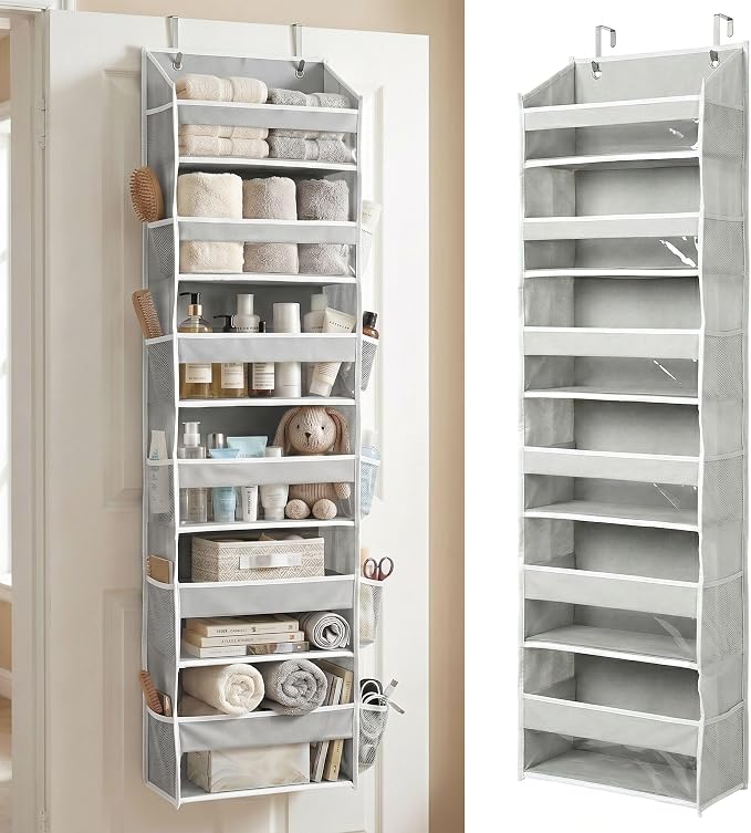 HOMELUX THEORY Over the Door Organizer, 6-Tier, 100D Fabric, Light Gray 1pc | Over the door shoe organizer, 50 lbs capacity, 12 side mesh pockets, 100D extra thick fabric, Closet & entryway storage