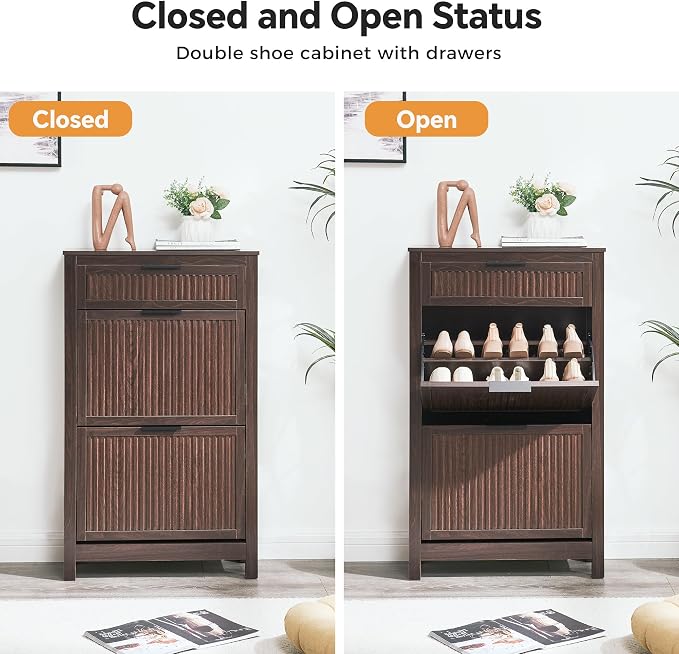 2-Flip Drawer Shoe Cabinet Narrow Entryway Rack, Brown