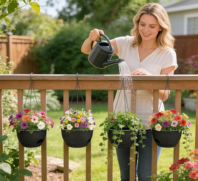 Set of 4-8 Inch Self Watering Hanging Planters for Indoor Outdoor，Hanging Plant Pots with Drainage & Removable Tray, Hanging Pots Holder for Ivy, Pothos, Ferns, Balcony & Patio, Black