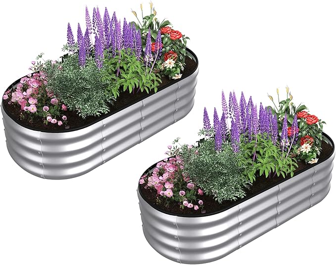 4x2x1 ft Oval Galvanized Metal Raised Garden Beds, Thickened Rust-Proof Flower Beds, Outdoor Plant Planter Boxes(Silver, 1PC)