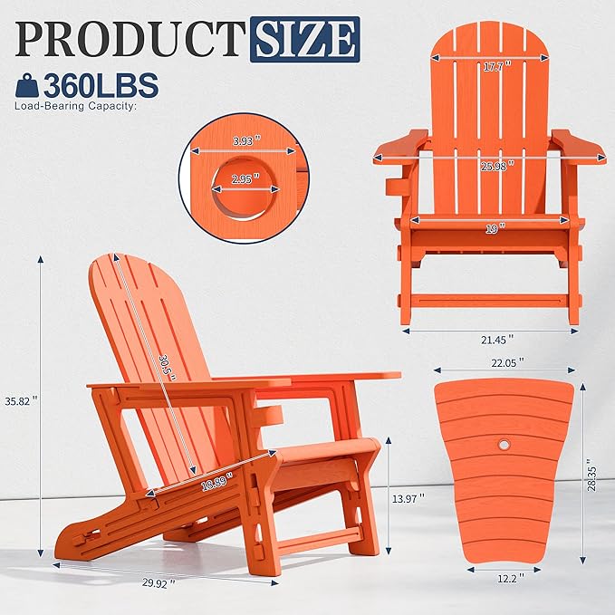 Vongrasig Adirondack Chairs Set of 2 with Removable Tabletop, Outdoor HDPE Plastic Fire Pit Chair Set with Wooden Textured, Cup Holder for Patio, Poolside, Deck, Garden, Orange, 3 Pieces