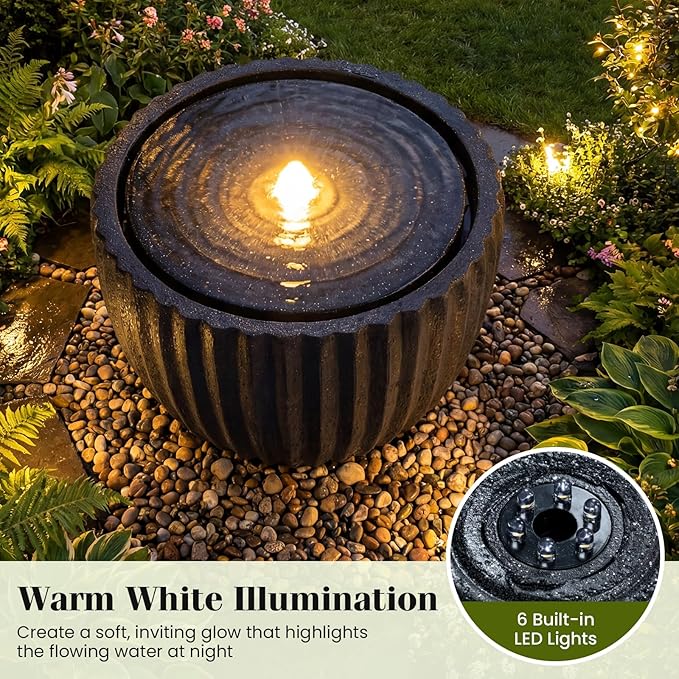 Giantex 18" Round Outdoor Water Fountain with 6 LED Lights, Stone Gray Resin Sphere Waterfall Feature with Adjustable Pump, Lighted Bubbling Fountain for Garden Patio Porch Decor (17.5" Dia. x 14" H)