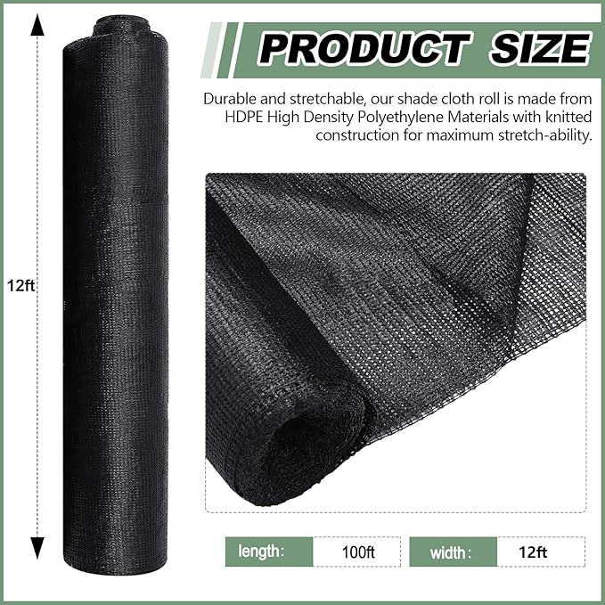 12 x 100 ft Black Shade Cloth Roll for Covering Garden 90% Mesh UV Resistant Net with Ties for Patio Outdoor Greenhouse Fence Flower Plant Cover Canopy