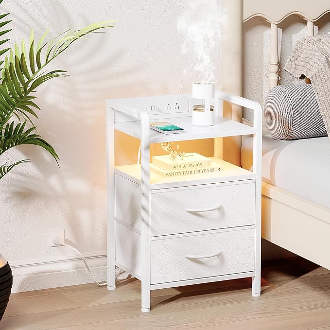 Lazzanto Nightstand with Rear Charging Station, LED Light, 2 Drawers, White