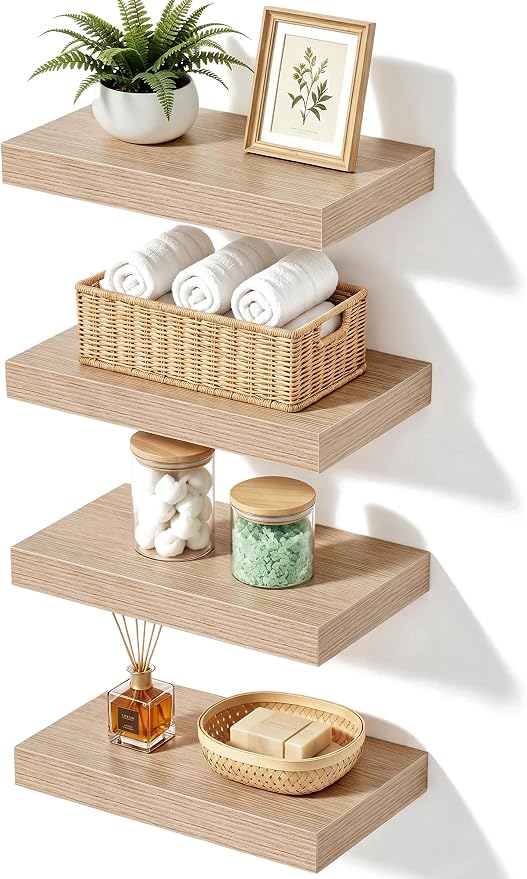 Oak Wood Floating Shelves for Wall, 12 Inch Wooden Shelves Set of 4 | Bathroom Decor Shelf, Easy Install, Heavy Duty, 33lbs Max Load, Hidden Brackets, Bedroom Living Room Kitchen Display Storage