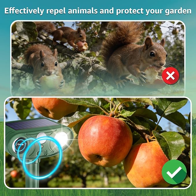 Solar Ultrasonic Animal Repellent Outdoor with Motion Sensor Strobe Light Deer Repellent Devices for Squirrel Rats Snakes Rabbit 25KHZ Silent Deterrent Dual Mode Yard Garden Lawn Pest Control 2PCS