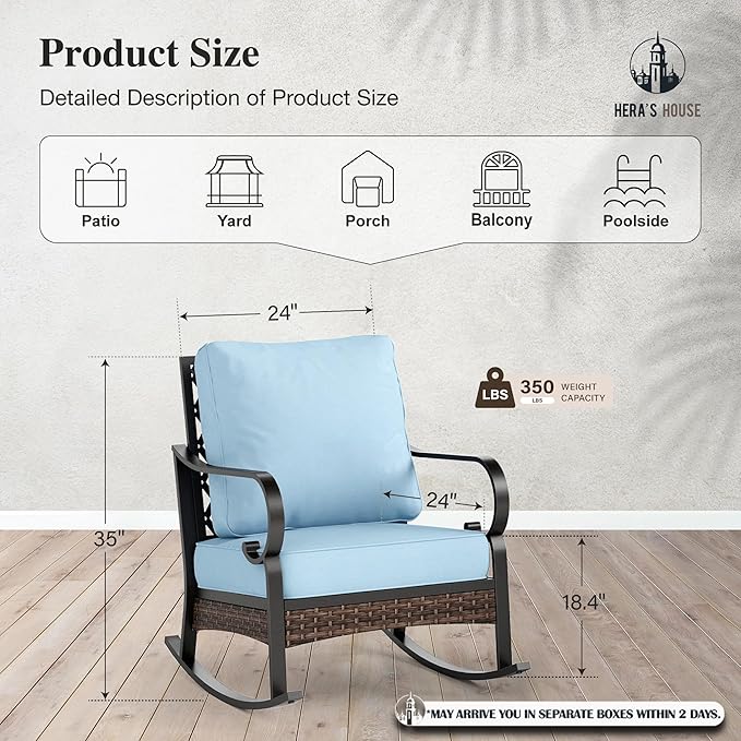 HERA'S HOUSE Patio Rocking Chairs Set of 2 with Thick Cushions, High Back Metal Outdoor Rockers, All Weather Garden Furniture for Backyard, Deck, Lawn, Blue