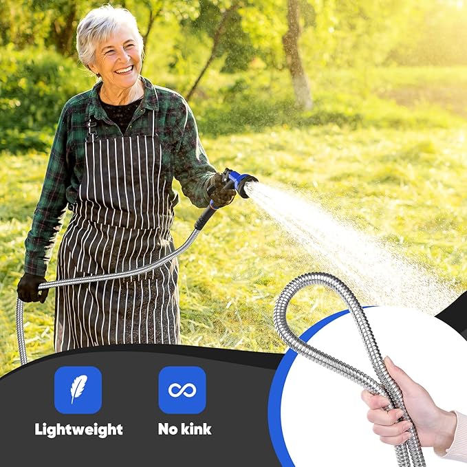 Garden Hose 75 ft, Stainless Steel Metal Hose, Flexible Water Hose with 10 Function Nozzle, Kink Free, Leak-Proof, Heavy Duty Hose for Yard, Outdoor, Lawn, RV, Car Wash and Camper Use
