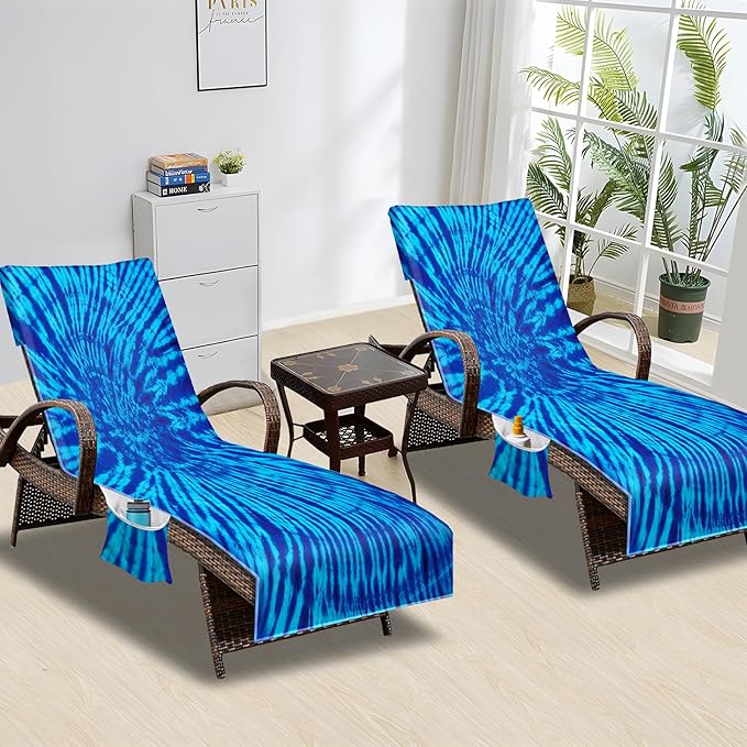 Lounge Chair Towel Cover, Beach Chair Cover (Pack of 2), Pool Lounge Chair Covers for Outdoor,Garden, Beach,Sun Lounger,Hotel Pool,Large Size and No Sliding, 85" X 30", Blue Tie Dye