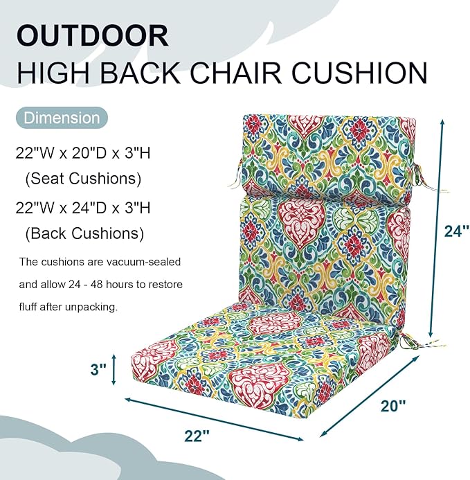 DYTXIII Outdoor High Back Chair Cushions Set of 2, 44"x22" Water Repellent Patio Seat Cushions with Elastic Sponge, All Weather Chair Pads for Rocking, Dining Chairs, Patio Furniture - Damask Red
