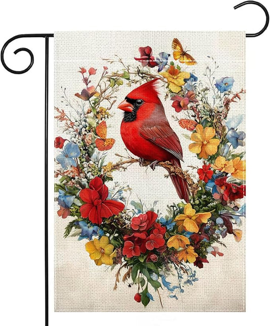 Red Bird Butterfly Flowers Garden Flag 12x18 Inch Double Sided Spring Summer Cardinal Colorful Floral Yard Outdoor Flag House Holiday Outside Decoration