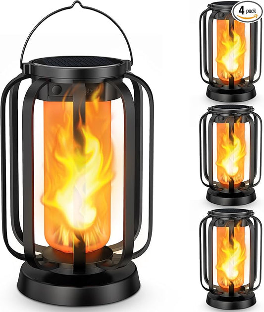 Hompavo Gen2 Solar Lanterns Outdoor Lights with Ultra-Real Flame, 2 Charging (USB/Solar) & 2 Modes - Waterproof Decorative Hanging/Table Lights for Pathway Yard Patio Garden Decor Gifts for Women, 4