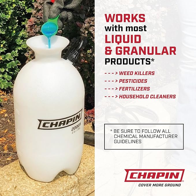 Chapin 20006 Pump Sprayer, 3‑Gallon, Lawn & Garden, Translucent Poly Tank, Funnel‑Top, SureSpray Anti‑Clog Filter, Adjustable Cone Nozzle & 34" Hose for Fertilizer, Weed & Pest Application