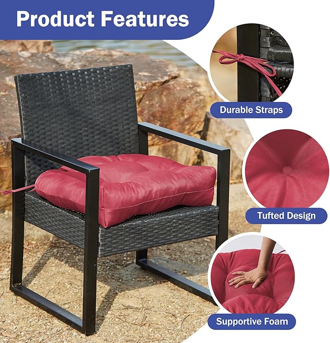 IPYNBAP Outdoor Chair Cushions Set of 2, Patio Chair Cushions with Ties, 19x19+5” Tufted Outdoor Seat Cushions, Waterproof Patio Furniture Cushions, Outdoor Dining Chair Pads, Burgundy (Pack of 2)