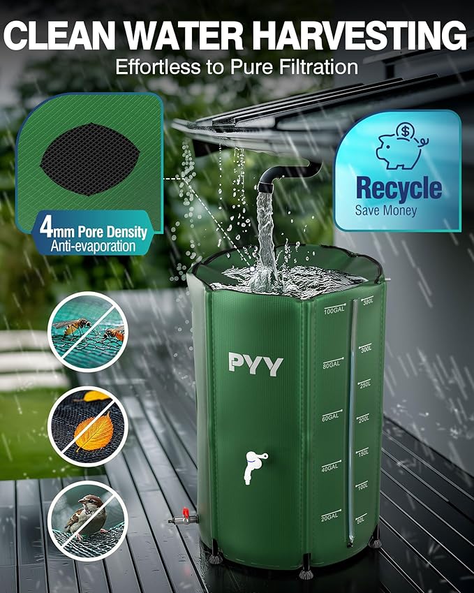 PYY Rain Water Collection Barrel - 100 Gallon Green Large Water Storage Tank with Spigots, Portable Rain Catcher to Collect Rainwater from Gutter, Plastic Rain Catchment System with Collapsible Bucket