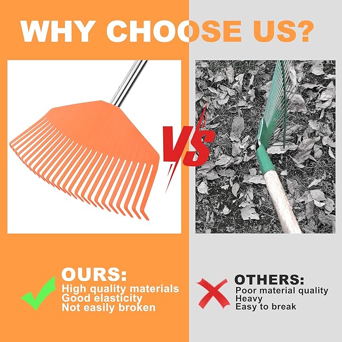 YEELOR 16.5-Inch Wide Adjustable Handle Leaf Rake - Plastic Rake Head, Lightweight & Compact, Used for Leaf Collection, Suitable for Small-Scale Cleanup, Ideal for Seniors and Kids
